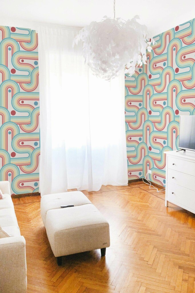 Modern boho style living room decorated with Rainbow peel and stick wallpaper