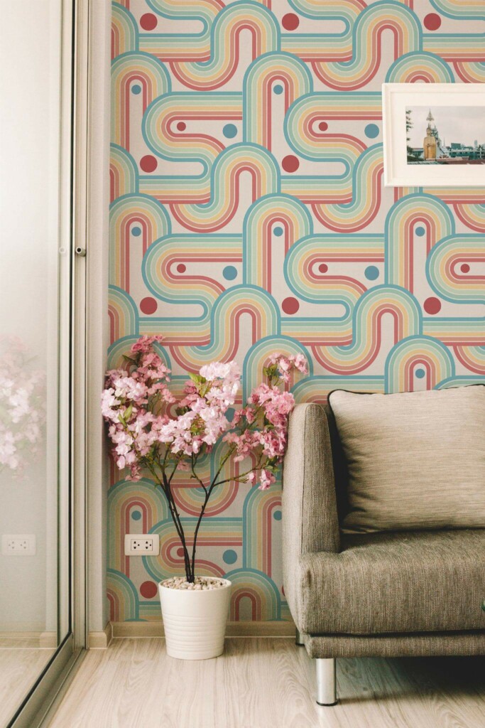 Modern farmhouse style living room decorated with Rainbow peel and stick wallpaper