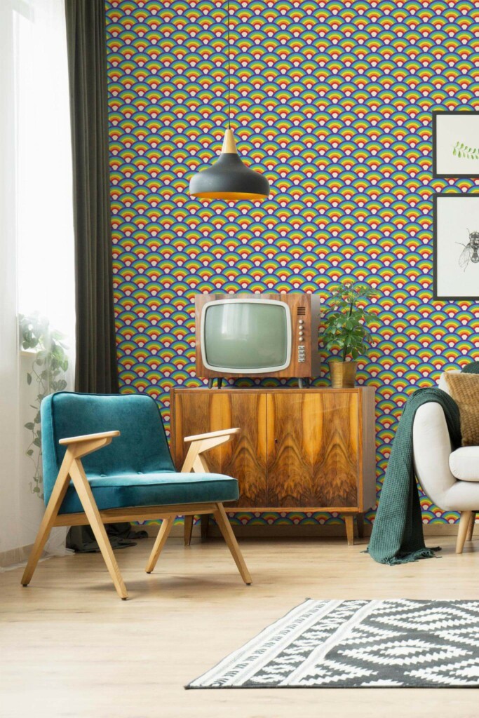 Mid-century modern style living room decorated with Rainbow spears peel and stick wallpaper