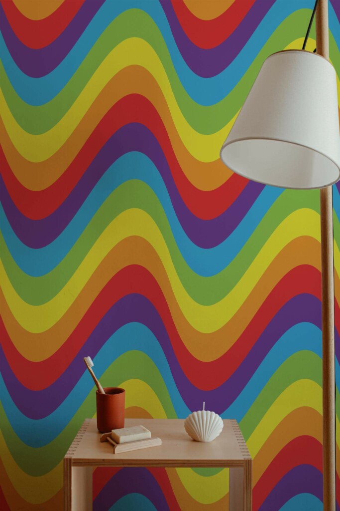 Minimal style bathroom decorated with Rainbow wave peel and stick wallpaper