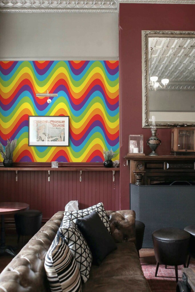 Rustic traditional style living room decorated with Rainbow wave peel and stick wallpaper