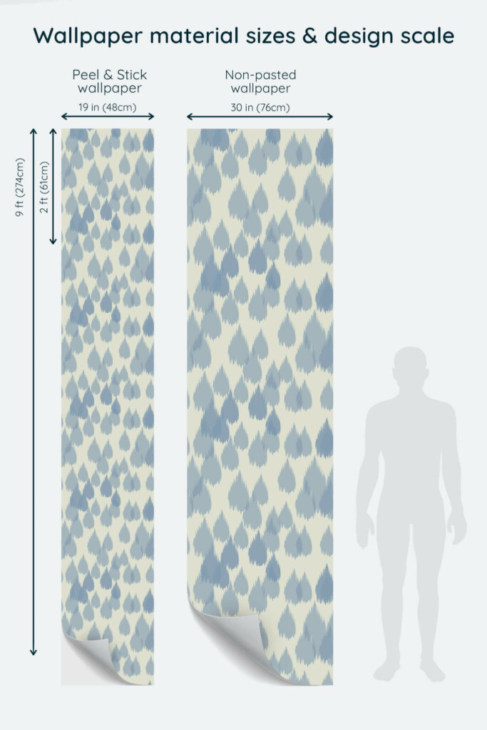Size comparison of Raindrop ikat Peel & Stick and Non-pasted wallpapers with design scale relative to human figure