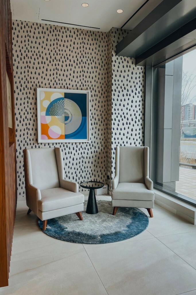 Mid-century-modern style living room decorated with Raindrop peel and stick wallpaper