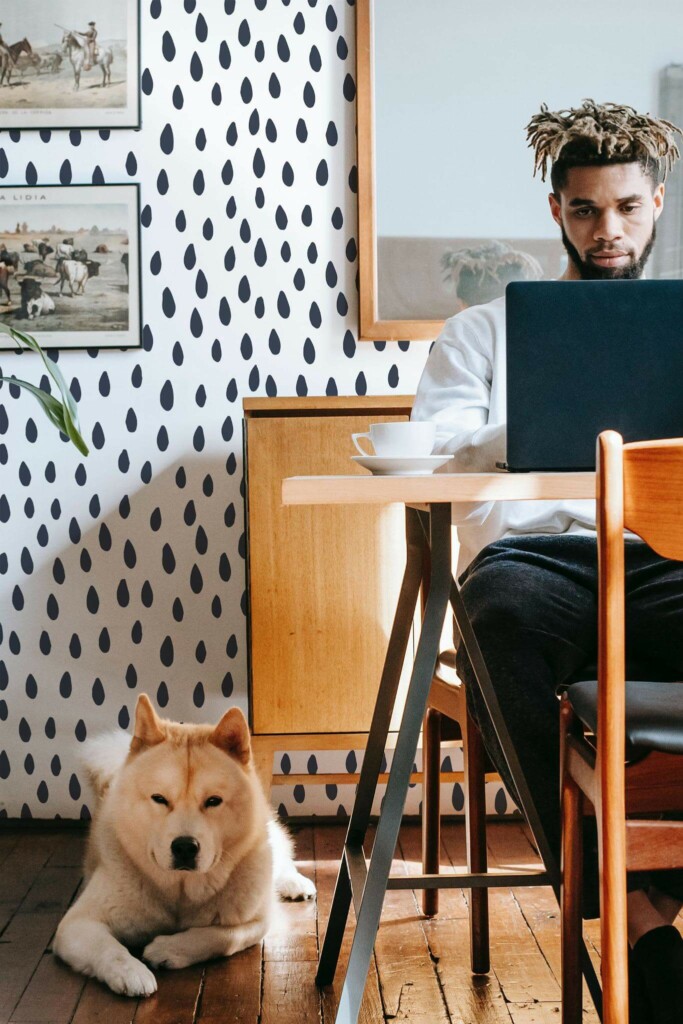 Mid-century modern style office with a dog decorated with Raindrop peel and stick wallpaper