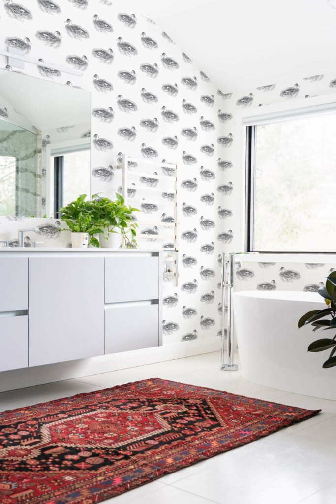 Boho style bathroom decorated with Realistic ducks peel and stick wallpaper