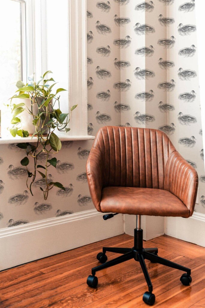 Mid-century modern style living room decorated with Realistic ducks peel and stick wallpaper