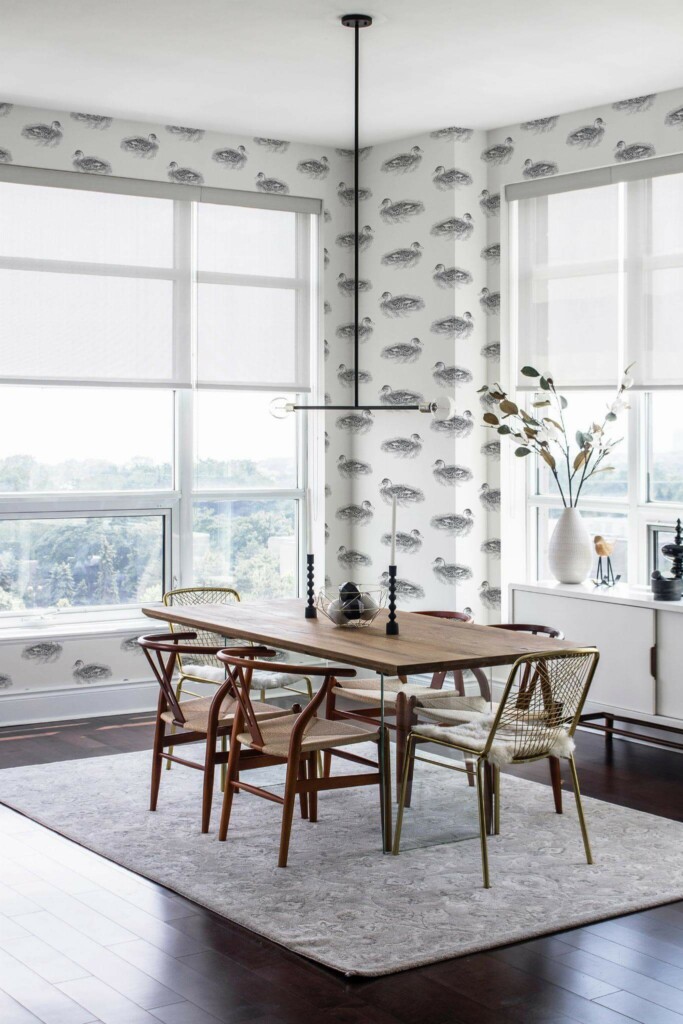 Modern minimalist style dining room decorated with Realistic ducks peel and stick wallpaper