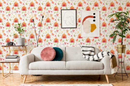 red and beige stick and peel wallpaper