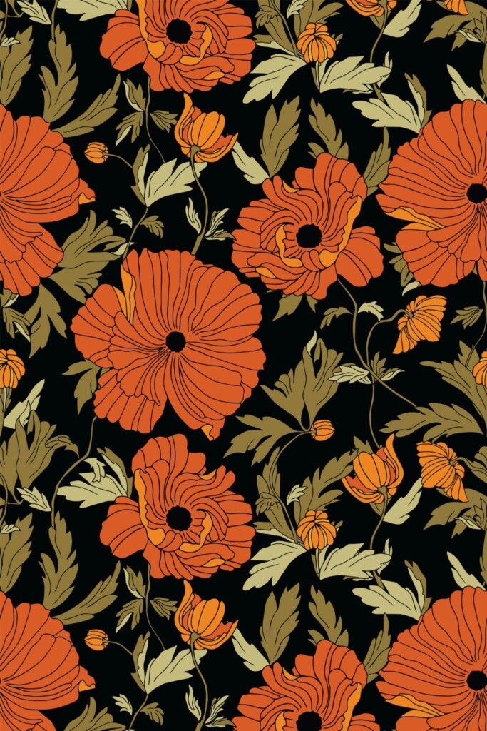 Pattern repeat of Red and black poppy floral removable wallpaper design