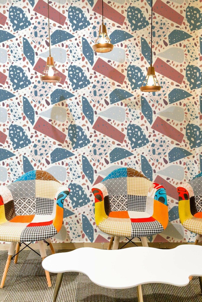Mid-century modern style living room decorated with Red and blue terrazzo peel and stick wallpaper