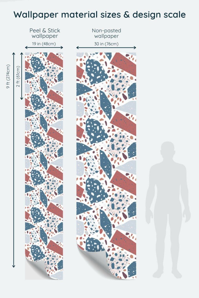 Size comparison of Red and blue terrazzo Peel & Stick and Non-pasted wallpapers with design scale relative to human figure