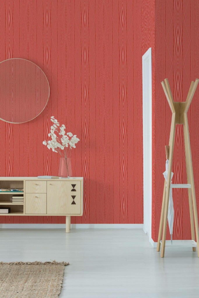 Minimal style entryway decorated with Red and pink geometry peel and stick wallpaper