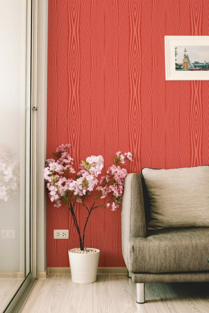Modern farmhouse style living room decorated with Red and pink geometry peel and stick wallpaper