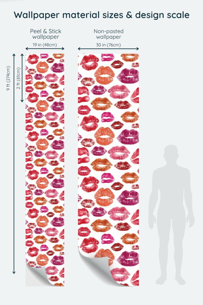 Size comparison of Red and pink kiss Peel & Stick and Non-pasted wallpapers with design scale relative to human figure