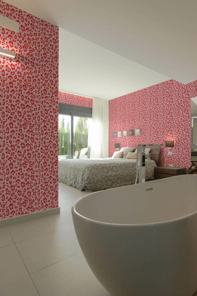 Modern style bedroom with open bathroom decorated with Red and pink leopard pattern peel and stick wallpaper