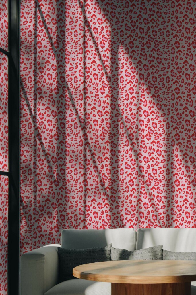 Scandinavian style living room decorated with Red and pink leopard pattern peel and stick wallpaper