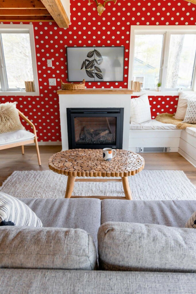 Farmhouse boho style living room decorated with Red and white polka dots peel and stick wallpaper