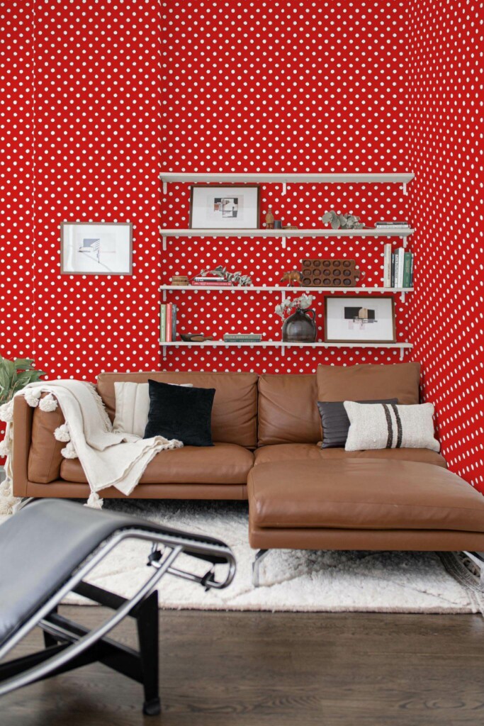 Mid-century modern style dining room decorated with Red and white polka dots peel and stick wallpaper