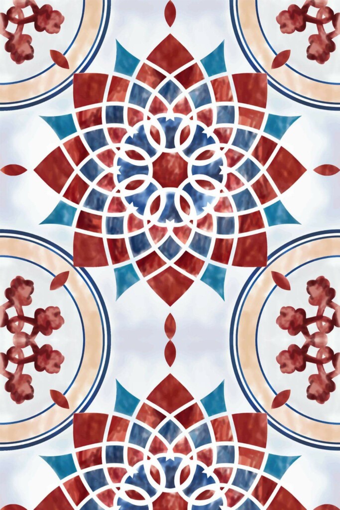 Pattern repeat of Red Arabesque Tile removable wallpaper design