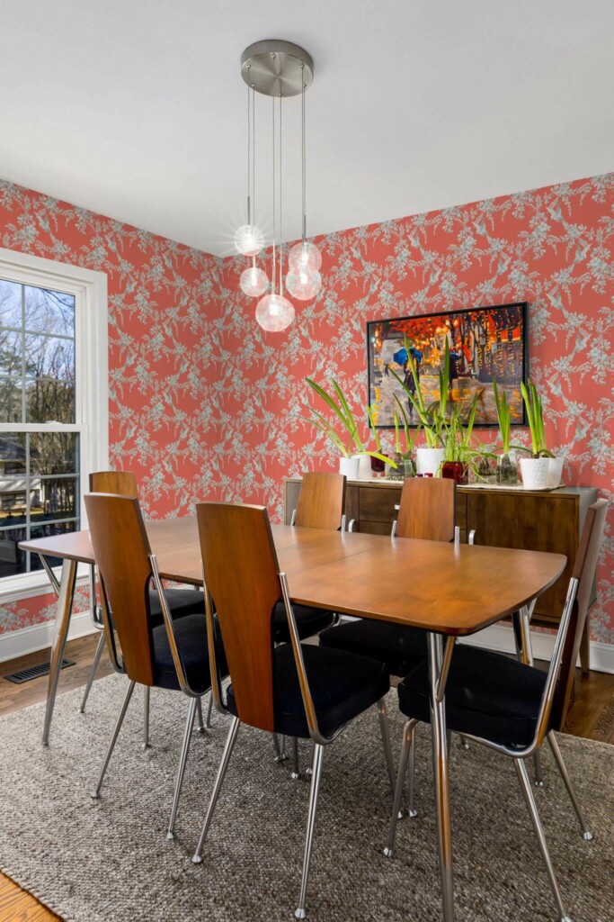 MId-century modern style dining room decorated with Red bird peel and stick wallpaper