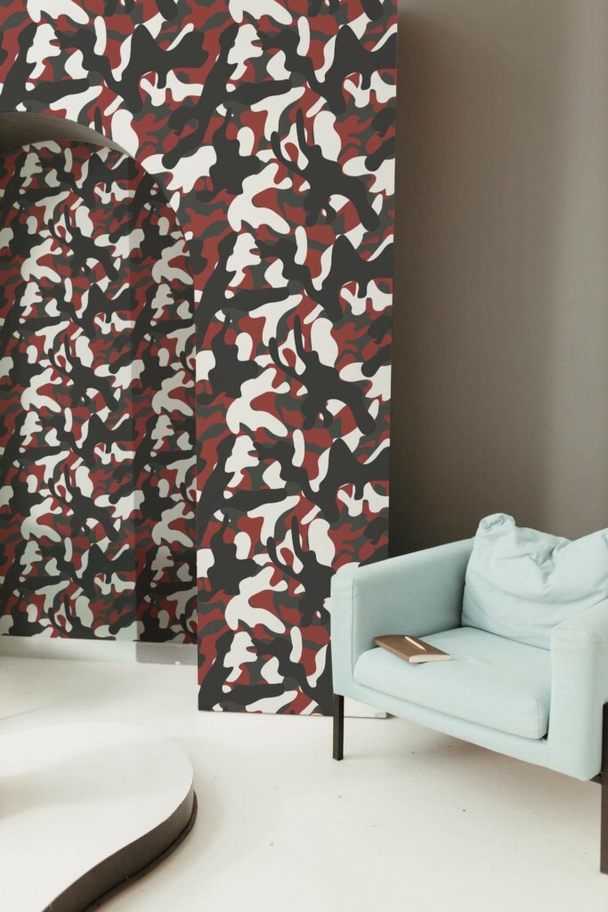 Mondern boho style living room decorated with Red camouflage peel and stick wallpaper