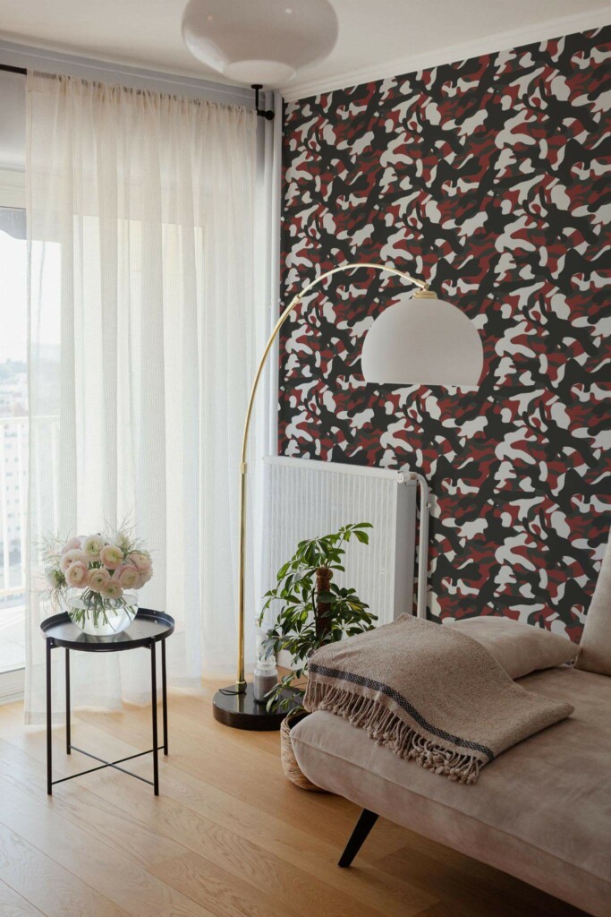 Bohemian Scandinavian style living room decorated with Red camouflage peel and stick wallpaper