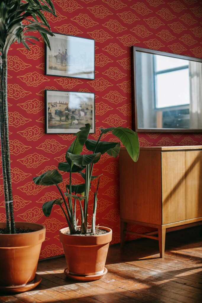 Mid-century modern style living room decorated with Red chinoiserie paterrn peel and stick wallpaper