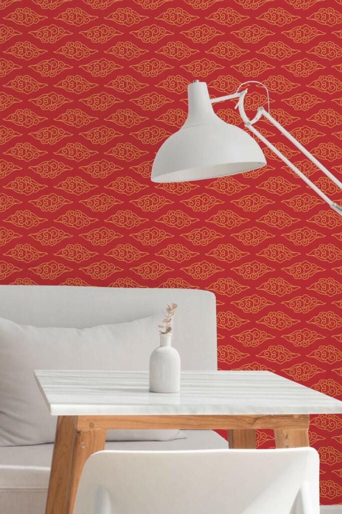 Minimal style dining room decorated with Red chinoiserie paterrn peel and stick wallpaper