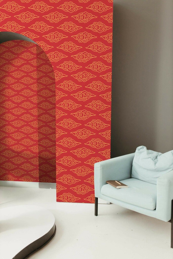 Mondern boho style living room decorated with Red chinoiserie paterrn peel and stick wallpaper