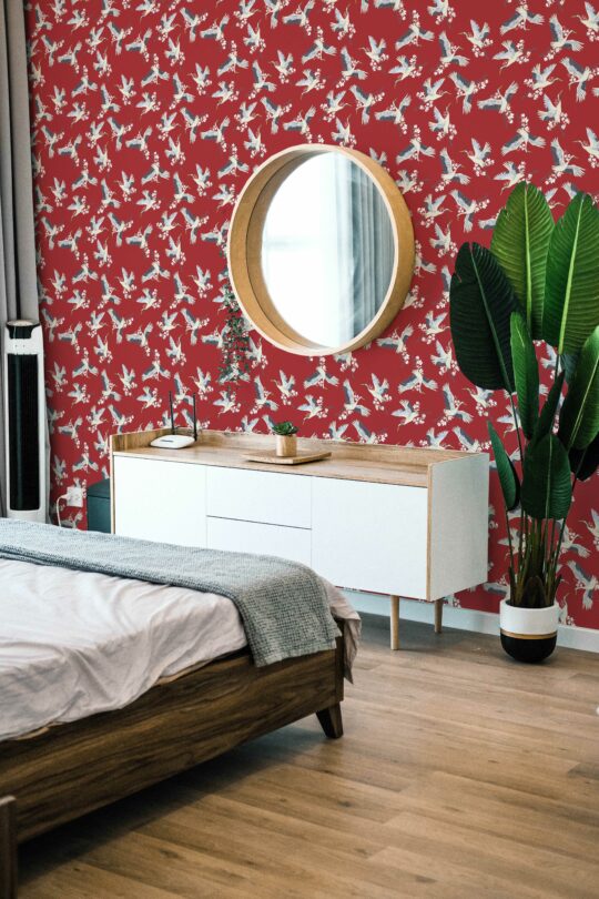 Red Crane Bird pattern self-adhesive wallpaper by Fancy Walls