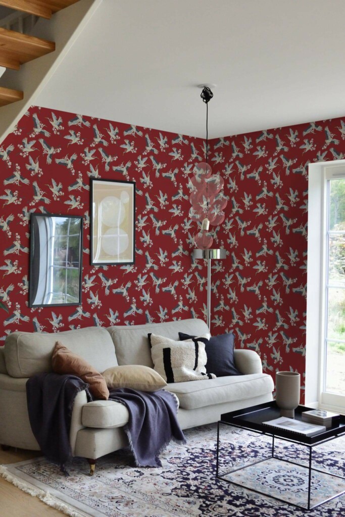 Contemporary style living room and kitchendecorated with Red crane peel and stick wallpaper