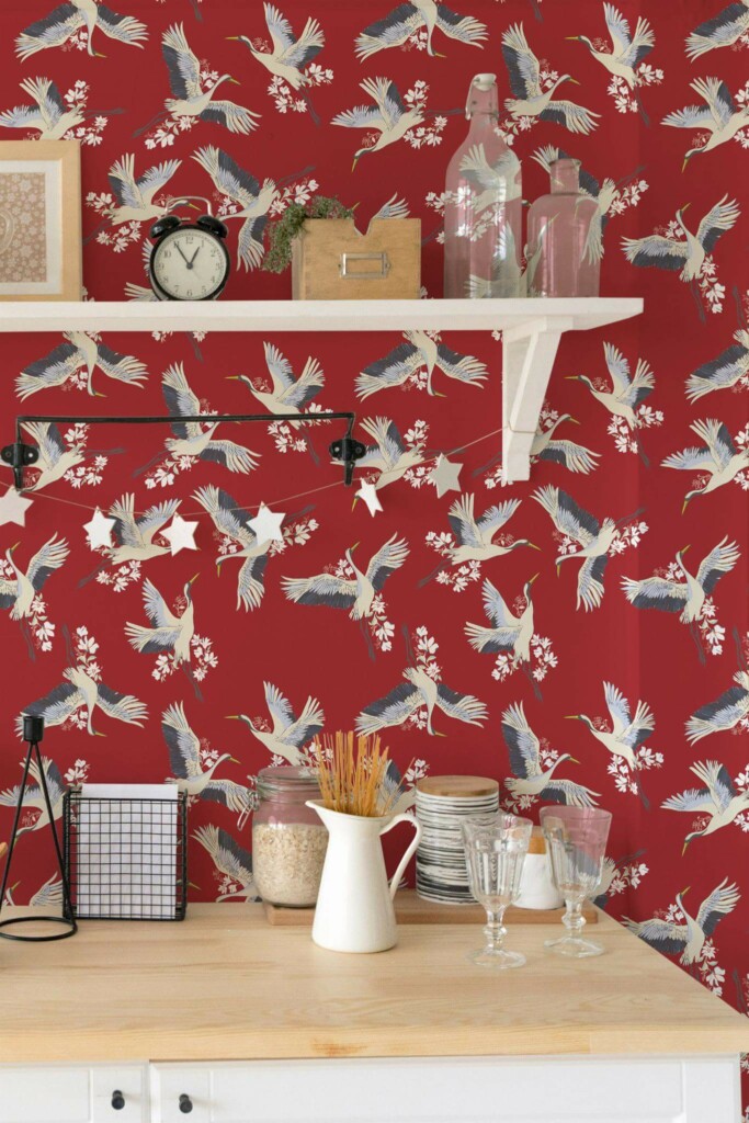 Light farmhouse style kitchen decorated with Red crane peel and stick wallpaper