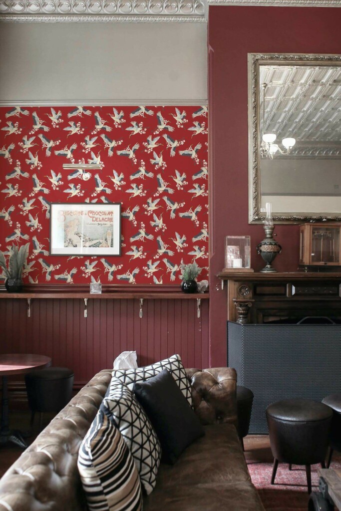 Rustic traditional style living room decorated with Red crane peel and stick wallpaper