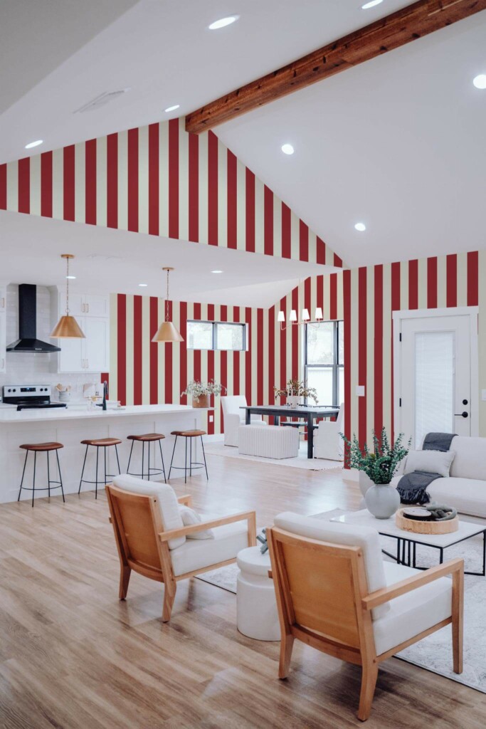 Contemporary style living room and kitchendecorated with Red cream stripes peel and stick wallpaper