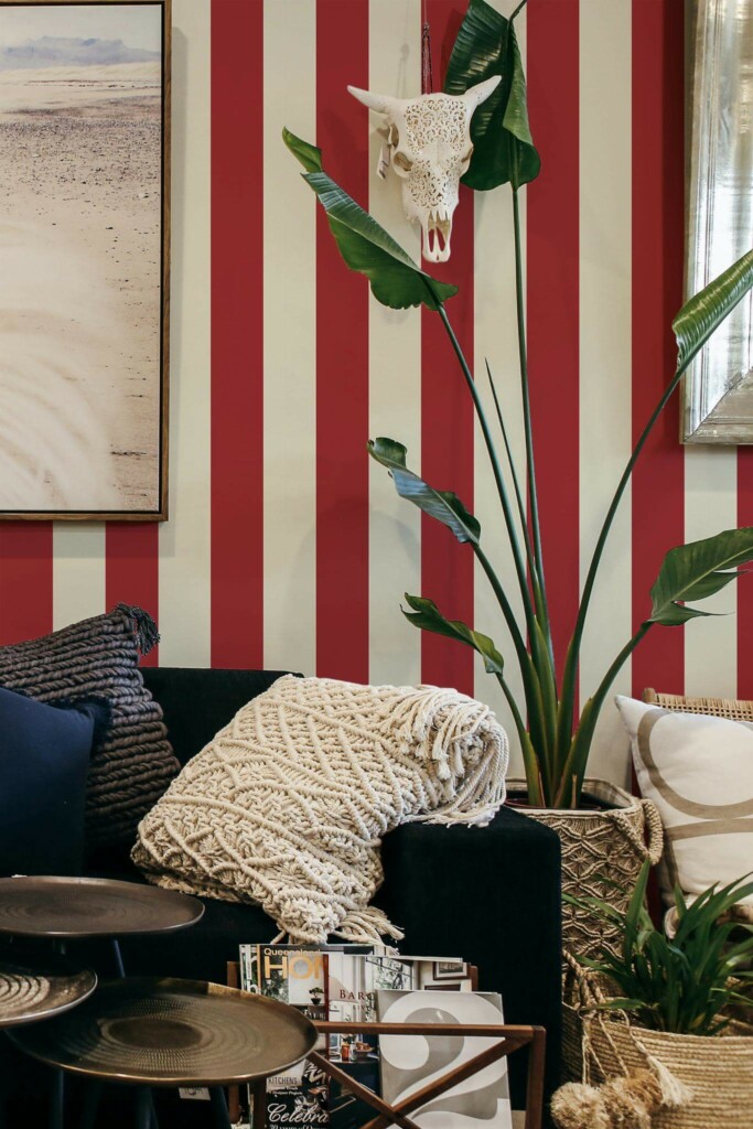 Scandinavian style living room decorated with Red cream stripes peel and stick wallpaper