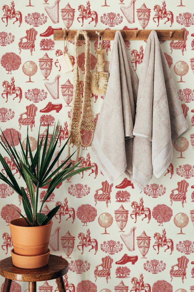Boho style bathroom decorated with Red Cream Vintage peel and stick wallpaper