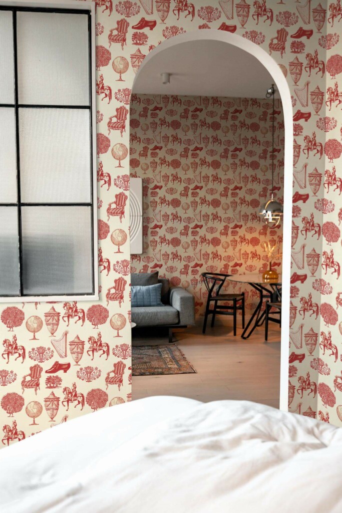 Modern scandinavian style living room decorated with Red Cream Vintage peel and stick wallpaper