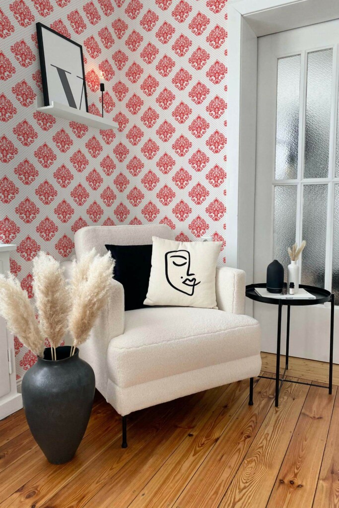 Modern boho style living room decorated with Red damask peel and stick wallpaper