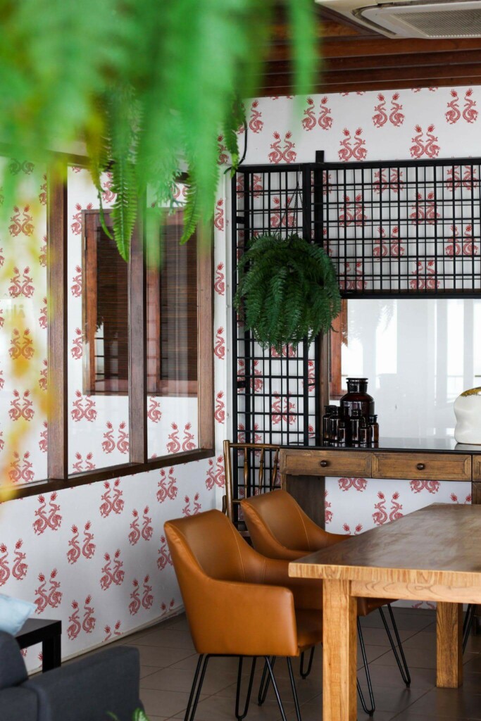 Mid-century modern style dining room decorated with Red dragon peel and stick wallpaper and black industrial accents
