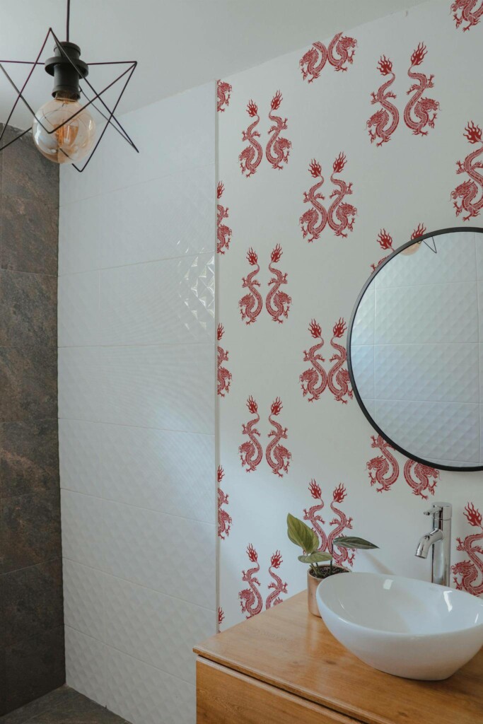 Modern style bathroom decorated with Red dragon peel and stick wallpaper