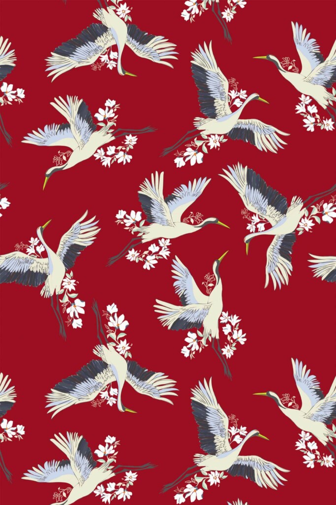 Pattern repeat of Red Floral Cranes removable wallpaper design