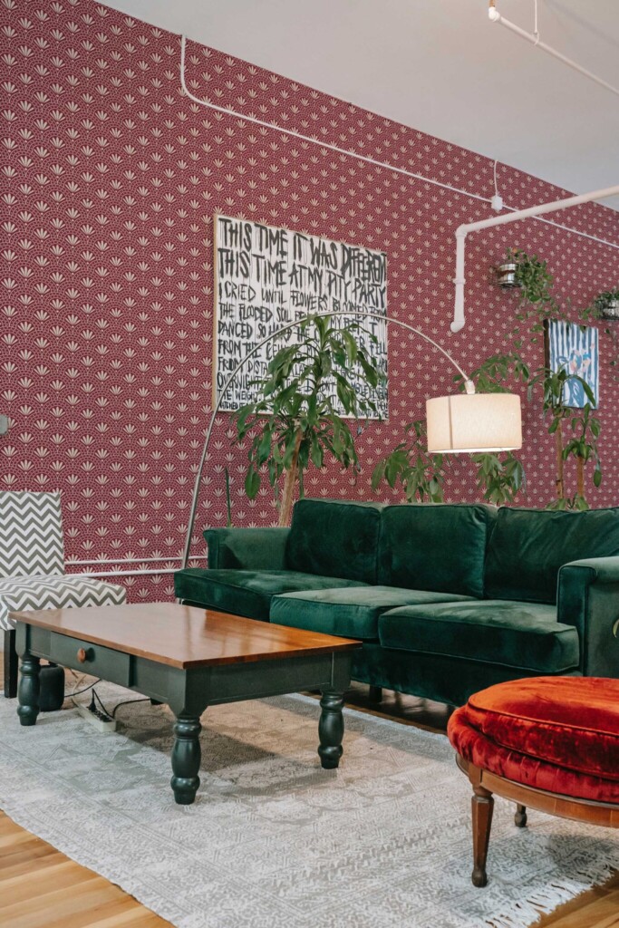 Fancy Walls peel and stick wallpaper with red floral art deco design