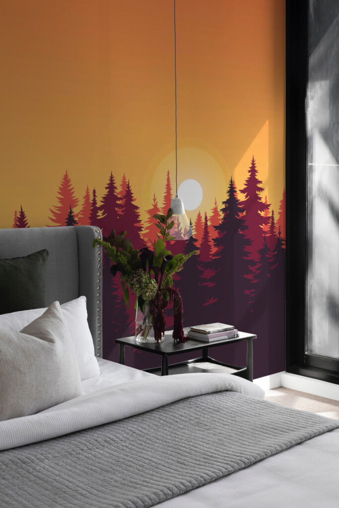 Radiant red forest scene at sunset with bold orange sky in wall mural peel and stick style by Fancy Walls