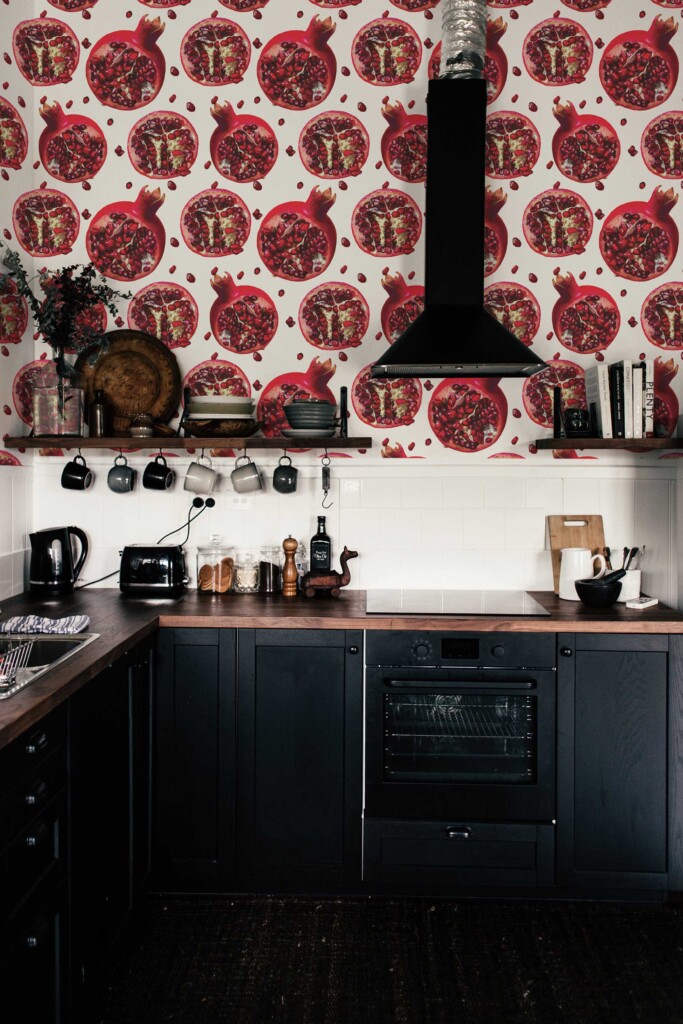 Peel and stick wallpaper with bold red pomegranates by Fancy Walls