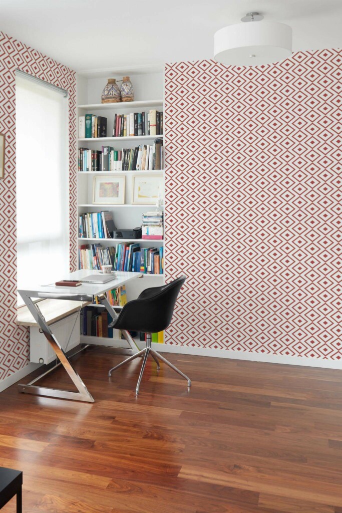 Minimal style home office decorated with Red geometric diamond peel and stick wallpaper