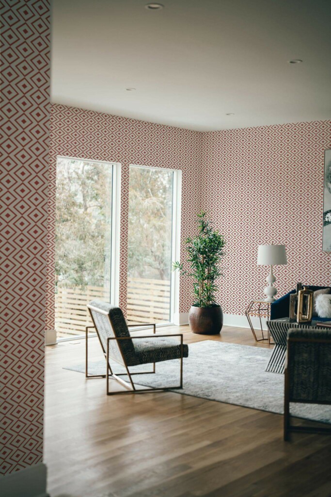 Modern style living room decorated with Red geometric diamond peel and stick wallpaper