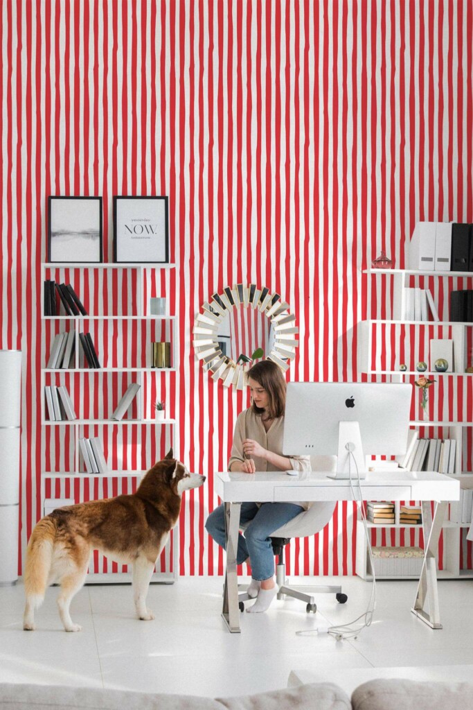 Minimal Scandinavian style office decorated with Red handdrawn stripes peel and stick wallpaper