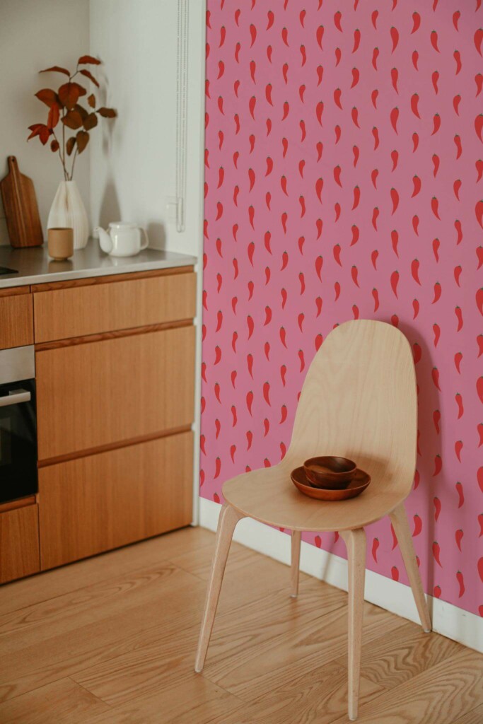 Boho style kitchen decorated with Red hot chili peppers peel and stick wallpaper