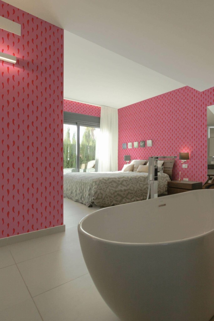Modern style bedroom with open bathroom decorated with Red hot chili peppers peel and stick wallpaper