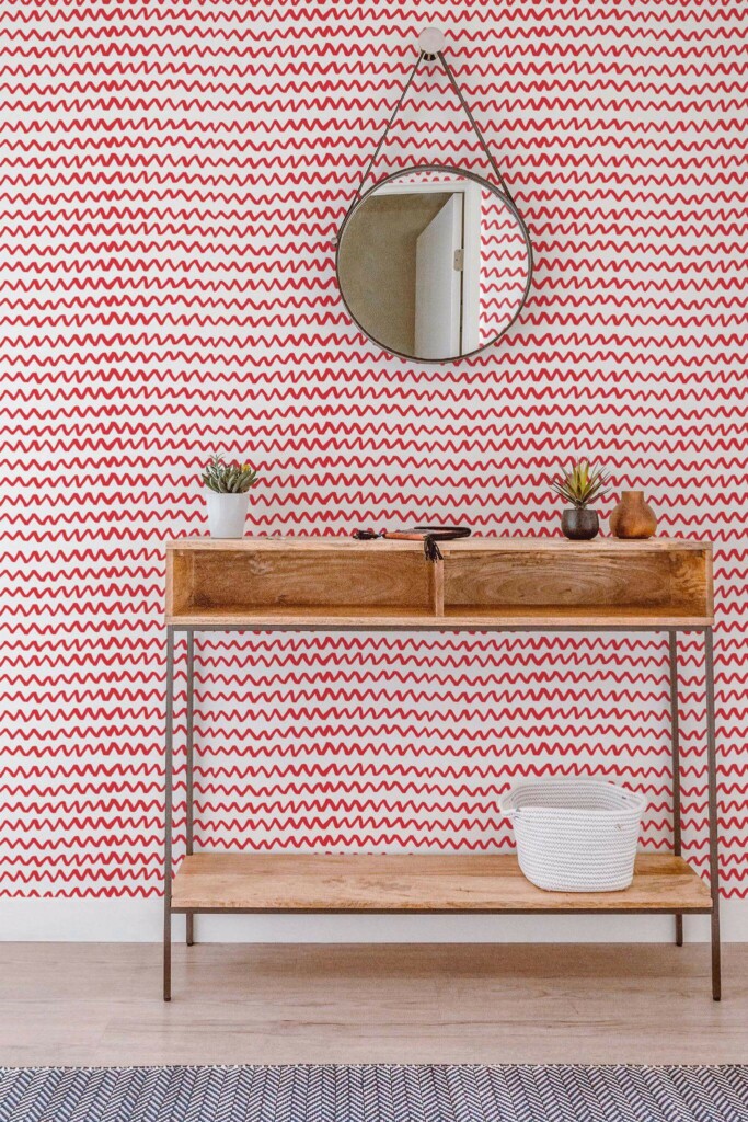 Contemporary style entryway decorated with Red modern chevron peel and stick wallpaper